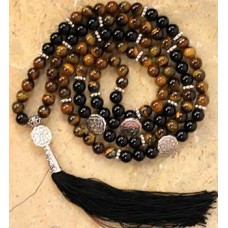 Tiger Eye & Black Agate Buddhist Wheel elastic mala